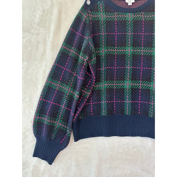 NWT Crown & Ivy Navy Plaid Sweater XXL Rhinestone Academia - Picture 2 of 8